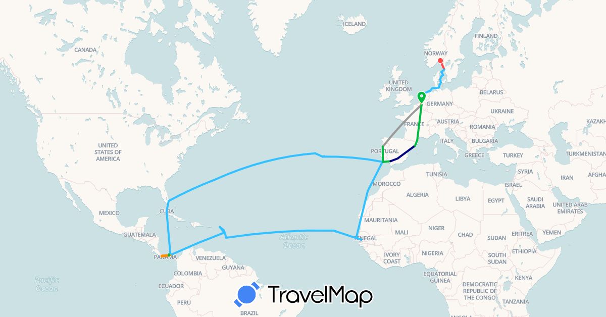 TravelMap itinerary: driving, bus, plane, hiking, boat, hitchhiking in Antigua and Barbuda, Belgium, Bermuda, Cuba, Cape Verde, Germany, Denmark, Spain, France, Netherlands, Norway, Panama, Portugal, Sweden, Senegal, United States (Africa, Europe, North America)